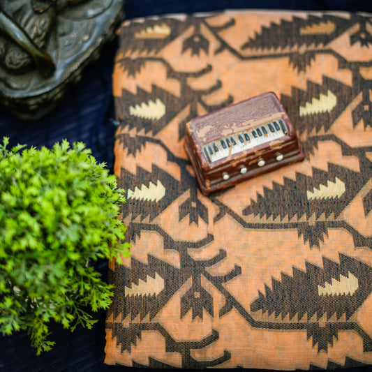 Soft Jamdani - Orange & Design in Black