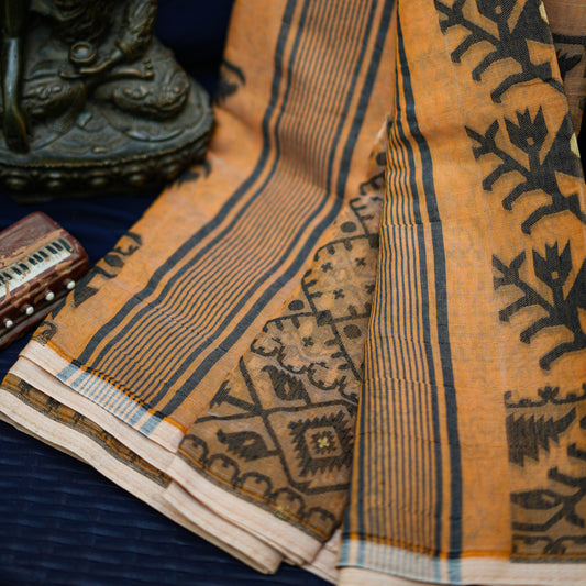 Soft Jamdani - Orange & Design in Black