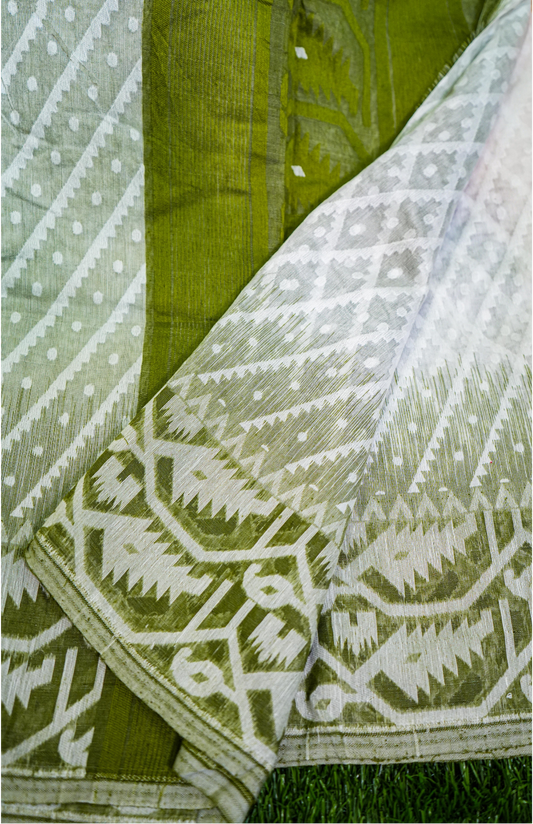 Korar Jamdani - Green & White